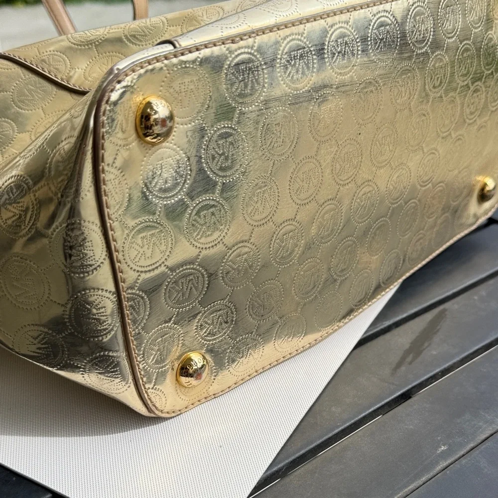 Michael Kors Gold Metallic Embossed MK Tote with Tan Handles - Picture 6 of 13